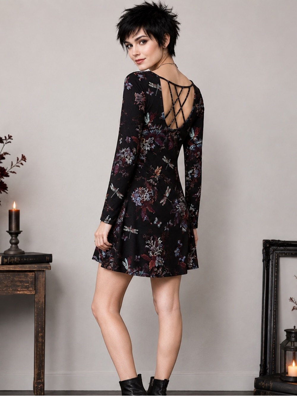 Mudd Floral Butterfly Dragonfly Swing Dress Lattice Back M
